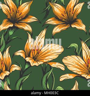 Orchids Seamless pattern drawn in retro style. Vector Illustration. Stock Vector