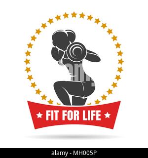 Bodybuilder or Fitness ClubTemplate. Athletic Woman Holding Weight Silhouette in star circle and slogan Fit For Life. Vector illustration. Stock Vector
