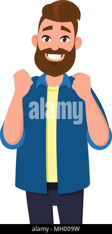 Happy man is showing  success or victory gesture. Vector illustration concept in cartoon style. Stock Vector