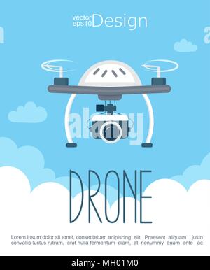 Concept of the flying drone with the camera on the sky background. Vector illustration. Stock Vector