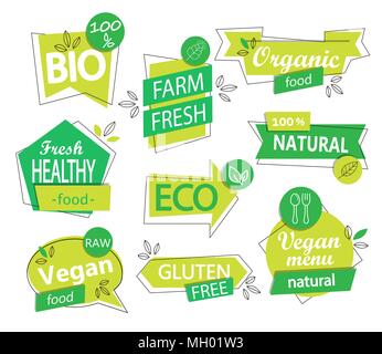 Vector set of bio, eco, organic and natural stickers and logos. Vegan and healthy food badges, tags set for your design - cafe, restaurants, packaging Stock Vector