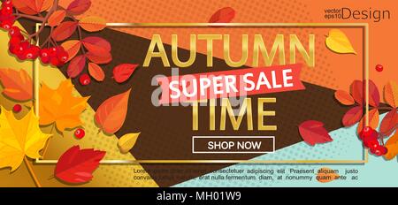 Modern stylish geometric golden autumn super sale banner. Vector illustration. Stock Vector