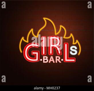 Neon sign of hot girls bar, bright signboard, light banner. Girls bar logo, emblem and symbol. Vector illustration. Stock Vector