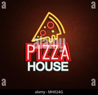 Neon sign of pizza house, bright signboard, light banner. Pizza house logo, emblem and symbol. Vector illustration. Stock Vector