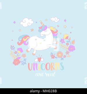 Lettering Unicorn are real with fowers in the sky. Vector illustration for print, greeting cars and so on. Stock Vector