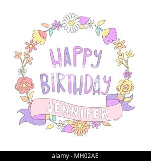 Happy birthday card with flower frame. Vector illustration. Stock Vector