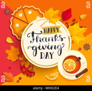 Happy Thanksgiving day lettering in gold circle frame on geometric background with pupmkin pie, hot tea and autumn leaves. Vector illustration. Stock Vector