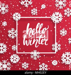 Hello winter card with snowflakes on red background. Vector illustration banner. Stock Vector