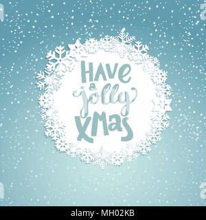 Jolly Christmas greeting card with lettering. Snowfall background. Vector illustration. Stock Vector