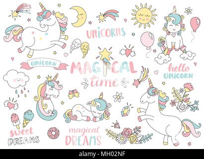 Set of unicorns and different magic elements with some lettering. Vector illustration. Stock Vector
