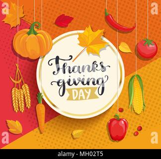 Thanksgiving day lettering in gold circle frame on geometric background with fresh vegetables - pumpkin, carrots, peppers, tomatoes, corn. Stock Vector