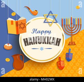 Happy hanukkah card with golden frame on geometric background with different hanukkah symbols. Vector illustration. Stock Vector