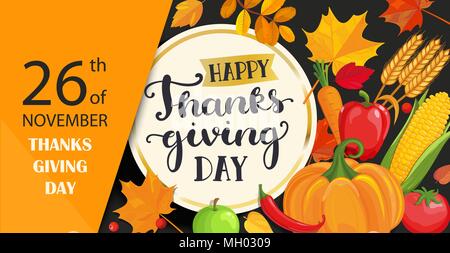 Happy Thanksgiving day card with lettering in gold circle frame on black background with fresh vegetables - pumpkin, carrots, peppers, tomatoes, corn and ears of wheat. Vector illustration. Stock Vector