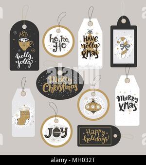 Set of Christmas holidays tags with hand drawn lettering. Vector illustration. Stock Vector