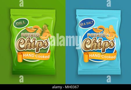 Set of two packaging with chips, with dill and with sea salt. Vector illustration. Stock Vector