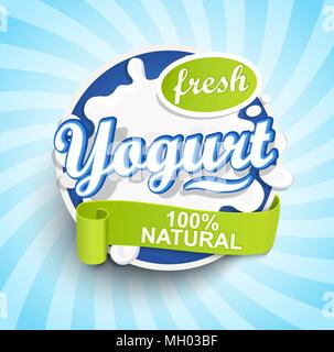 Fresh and Natural Yogurt label splash with ribbon on blue sunburst background for logo, template, label, emblem for groceries, agriculture stores, packaging and advertising.. Vector illustration. Stock Vector