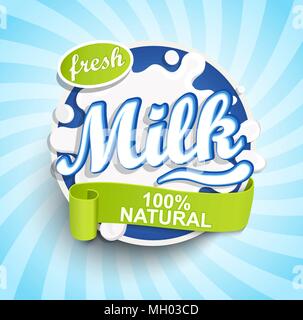 Fresh and Natural Milk label splash with ribbon on blue sunburst background for logo, template, label, badge, emblem for groceries, agriculture stores, packaging and advertising.. Vector illustration. Stock Vector