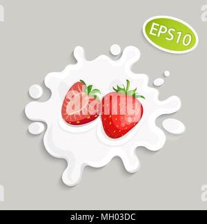 Milk splashing with strawberry for logo, template, label, emblem for groceries, stores, packaging and advertising. Vector illustration. Stock Vector