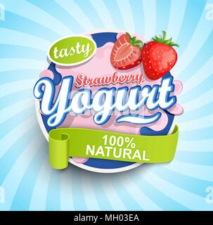 Fresh and Natural Strawberry Yogurt label splash with ribbon on blue sunburst background for logo, template, label, emblem for groceries, stores, packaging and advertising. Vector illustration. Stock Vector