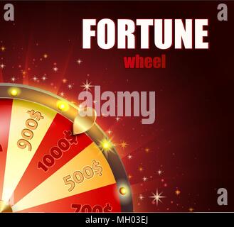 Symbol of spinning fortune wheel in realistic style. Shiny lucky roulette for your design on red glowing background with place for your text. Vector illustration. Stock Vector