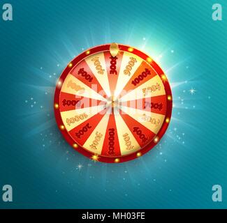 Symbol of spinning fortune wheel in realistic style. Shiny lucky roulette for your design on blue glowing background. Vector illustration. Stock Vector