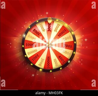 Symbol of spinning fortune wheel in realistic style. Shiny lucky roulette for your design on red glowing sunburst background. Vector illustration. Stock Vector