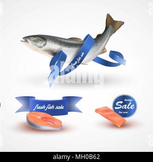 Set salmon vector illustration. Fillet, steak and fish salmon isolated on white without blue ribbon Stock Vector