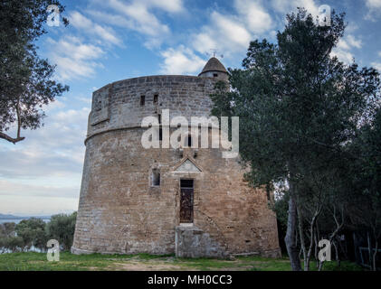 The Torre Major watchtower in Alcanada near Port Alcudia, Majorca (Mallorca), Balearic Islands, Spain, Europe Stock Photo