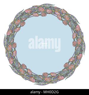 Tulips frame vector illustration. Hand drawn flowers background. Floral decorative border. Stock Vector