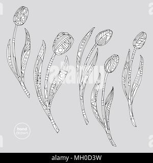 Tulips coloring page. Hand drawn abstract flowers vector illustration. Nature background in modern style. Stock Vector