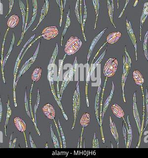 Tulips flowers pattern. Hand drawn floral seamless vector background. Stock Vector