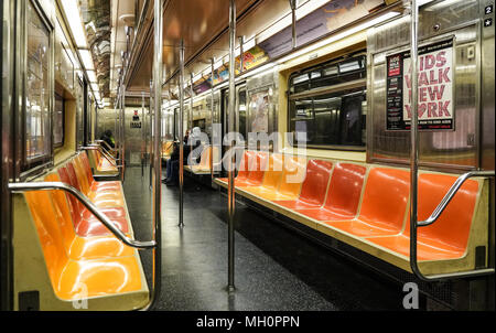 A view of inside a New York subway train. From a series of travel photos in the United States. Photo date: Thursday, April 5, 2018. Photo: Roger Garfi Stock Photo