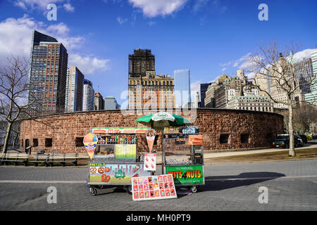 A food stall near Battery Park, Manhattan in New York City. From a series of travel photos in the United States. Photo date: Thursday, April 5, 2018.  Stock Photo
