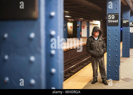 A commuter on the New York City subway in the United States. From a series of travel photos in the United States. Photo date: Sunday, April 8, 2018. P Stock Photo