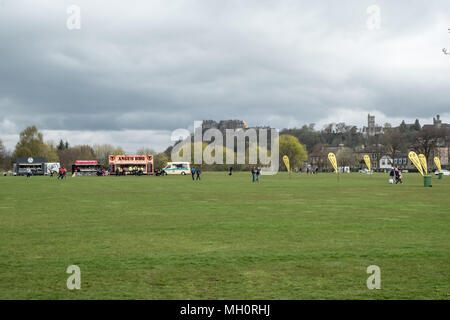 Stirling, Scotland, UK - April 29, 2018: Kings Park Stirling awaiting the arrival of the first Marathon Runners. The first of what is to become an ann Stock Photo