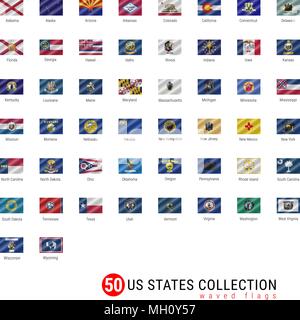 50 US States Vector Flag Set. Official Vector Flags of All 50 States. US States Waved Flags with Names Stock Vector