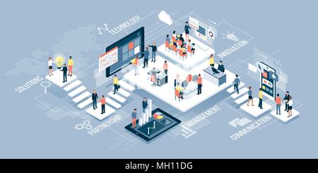 Isometric virtual office with business people working together and mobile devices: business management, online communication and finance concept Stock Vector