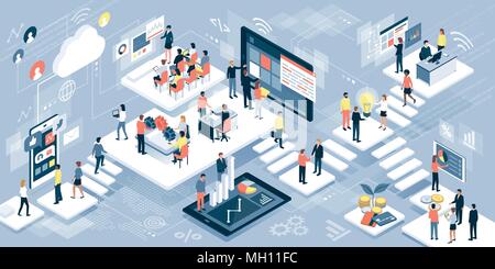 Isometric virtual office with business people working together and mobile devices: business management, online communication and finance concept Stock Vector