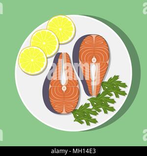Salmon steak with lemon slices and herbs on white plate, top view. Vector flat illustration Stock Vector