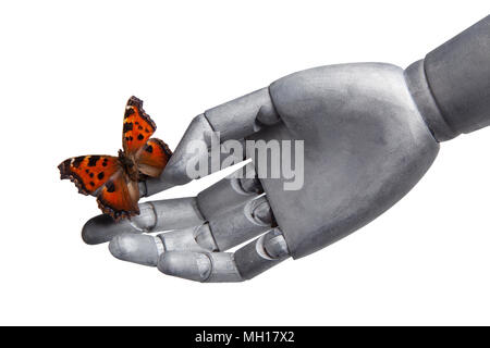 The butterfly on a hand of the robot isolated on white Stock Photo