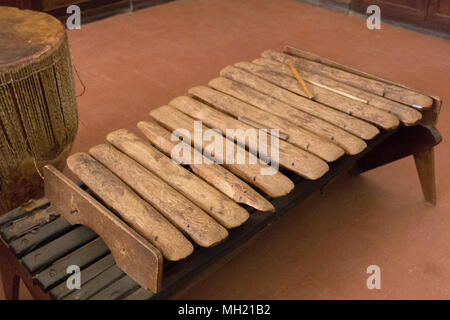 A traditional wooden Ugandan xylophone in the Ugandan Museum in Kampala, Uganda. Shot on 15 May 2017. Stock Photo