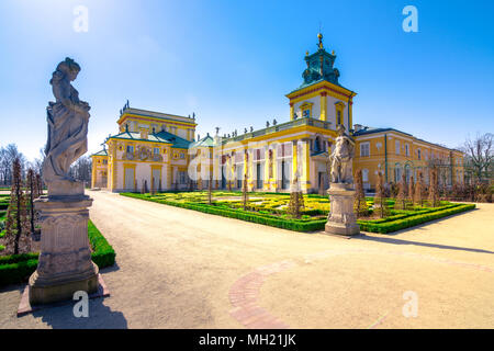 The royal Wilanow Palace in Warsaw, Poland, with gardens, statues and river around it. Stock Photo