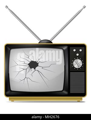 Realistic vector illustration of broken, damaged  retro portable TV, television set with telescopic antenna. Stock Vector