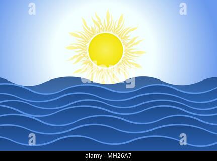 Bright summer sun over blue sea waves background. Stock Vector