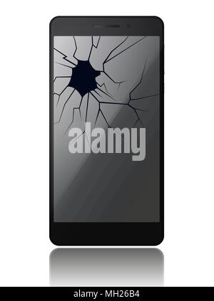 Realistic broken smartphone with cracked touch screen, cell phone with reflection and shadow isolated on white background. Vector illustration. Stock Vector