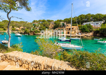Sailing boats anchoring in beautiful bay in Cala Figuera village, Majorca island, Spain Stock Photo