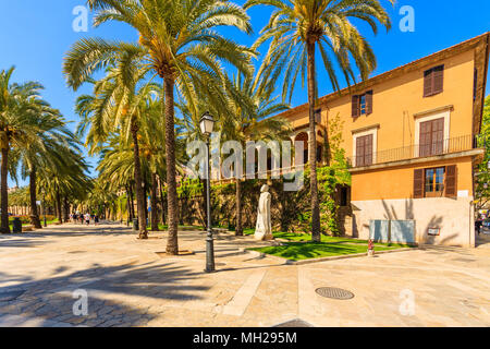 MAJORCA ISLAND, SPAIN - APR 13, 2013: Colorful historic buildings in old town of Palma de Majorca, capital of the island, very popular tourist destina Stock Photo