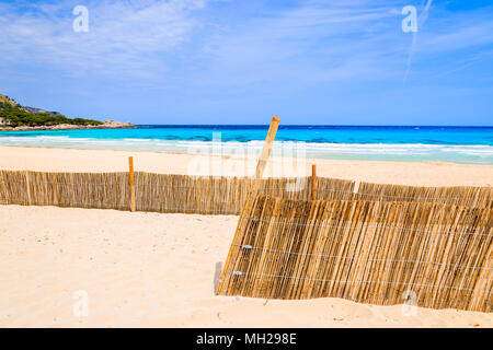 Winde fence on beach near Cala Mesquida, Majorca island, Spain Stock Photo