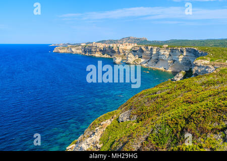 View of Bonifacio town located on high cliff above sea, Corsica island, France Stock Photo