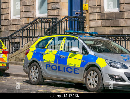 Police Scotland cars parked outside Leith Police Station, Queen Charlotte Street, Leith, Edinburgh, Scotland, UK, formerly Leith Town Hall Stock Photo